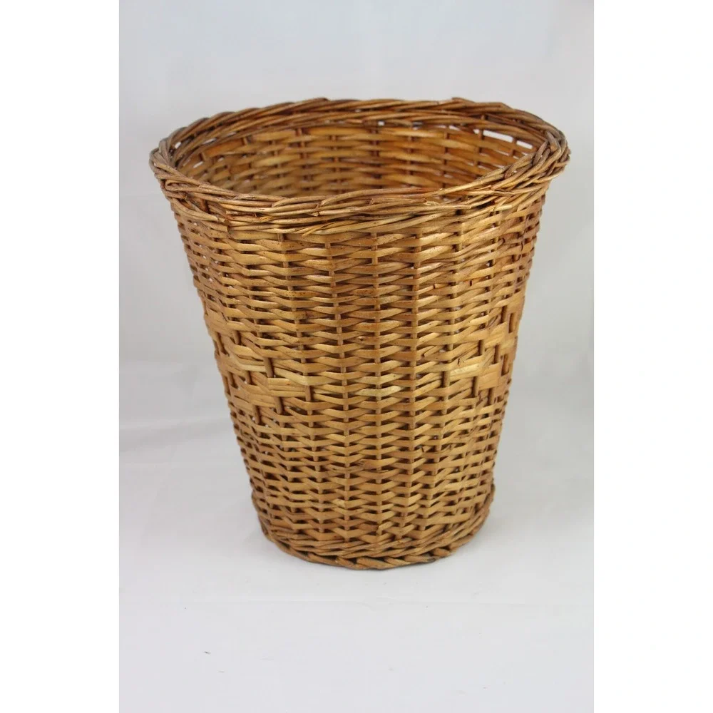 Vtg Wicker Rattan Waste Basket Trash Can Woven Plant Holder 14